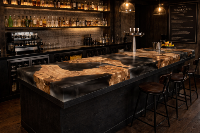 Comptoir design en bois massif et résine bleue pour hôtel, réception ou bar haut de gamme
