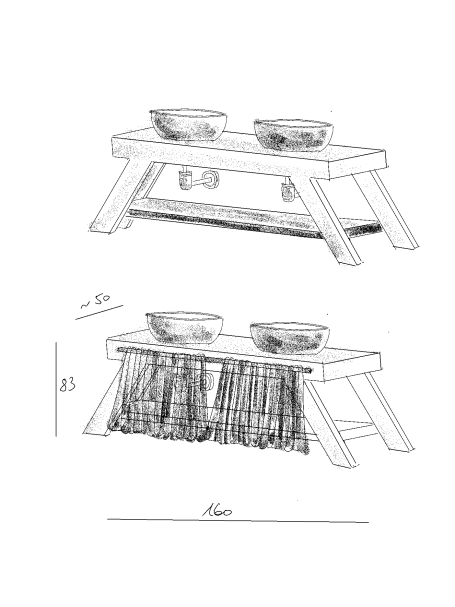 Dessin de meuble vasque contemporain en bois massif fabriqué artisanalement