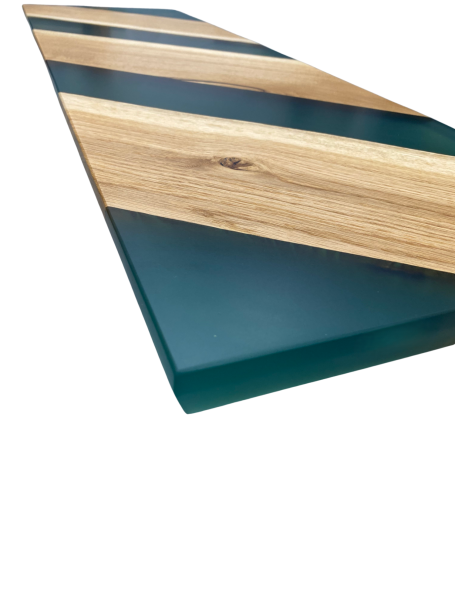 Console Tamia en chêne massif et résine époxy verte fabriquée par Cay Design